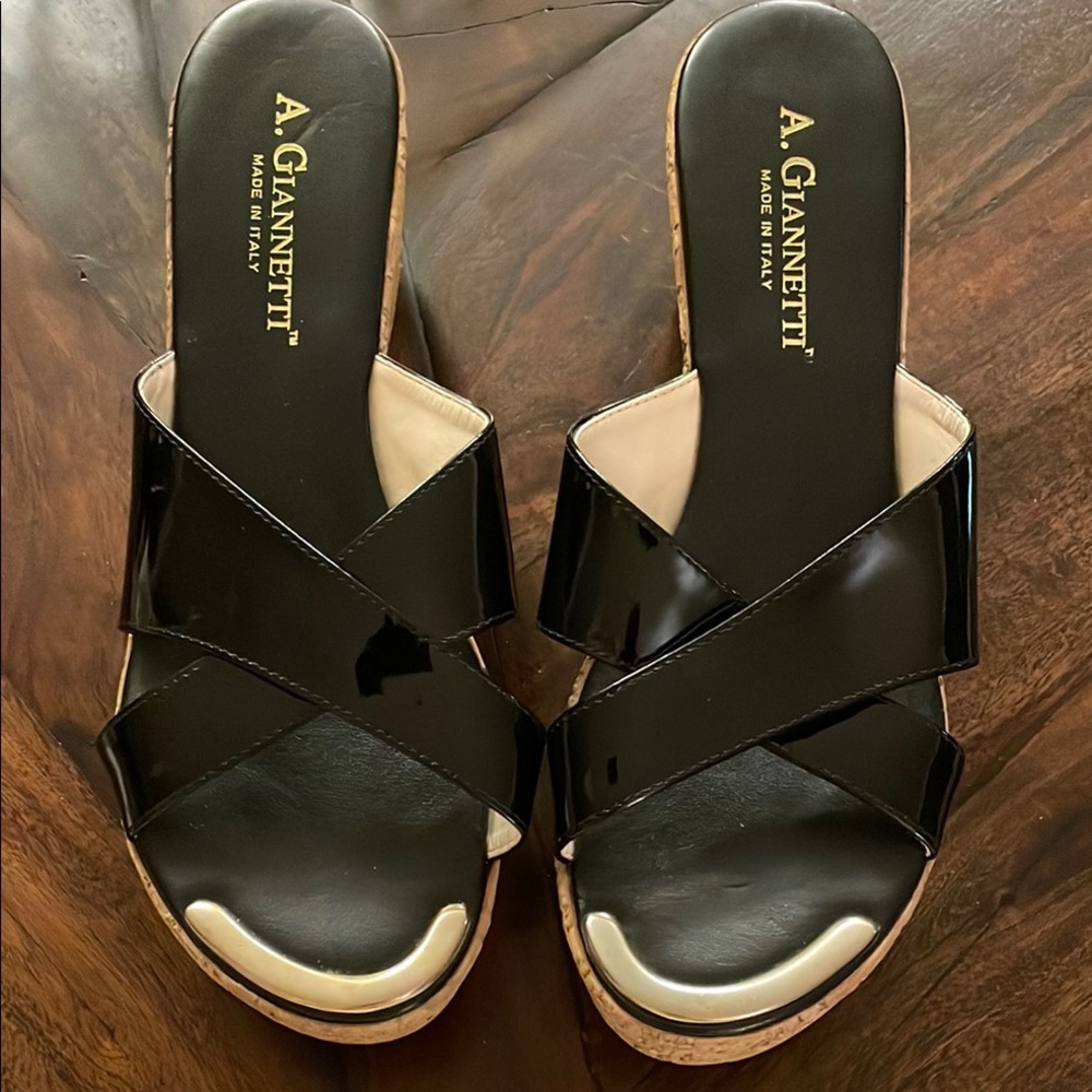 A. Giannetti Black Crisscross Sandals with Wedge Heels.